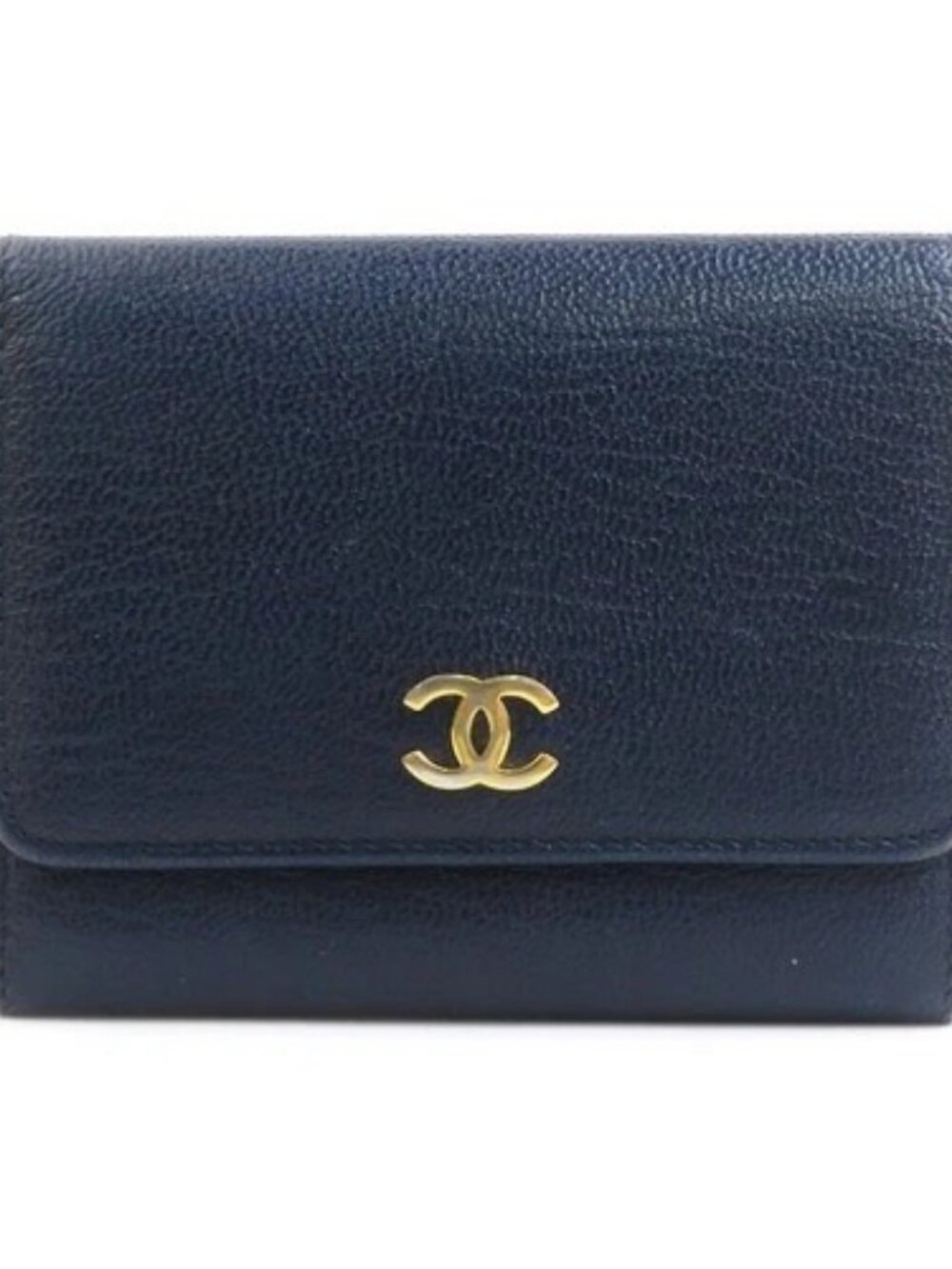 Auth CHANEL Trifold Wallet Navy Leather/Goldtone - r10949g